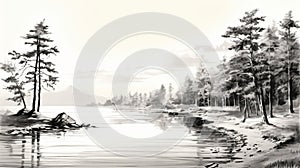 Pine Trees Beach Sketch: Solarized Lake Scenery With Historical Painting Style