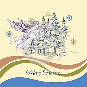 Pine trees and Christmas angel greeting card