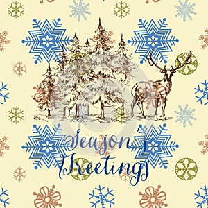 Pine trees and deer Christmas greeting card