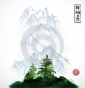 Pine trees and distant mountains. Traditional oriental ink painting sumi-e, u-sin, go-hua. Contains hieroglyphs - zen