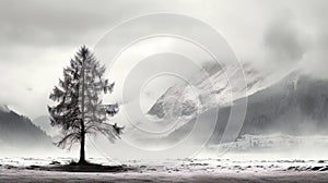 Pine trees in the fog with snowy mountains in the background - generative AI