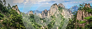 Pine trees in the foreground and rough rocky peaks leading to the horizon in Huang Shan é»„å±±, Yellow Mountains