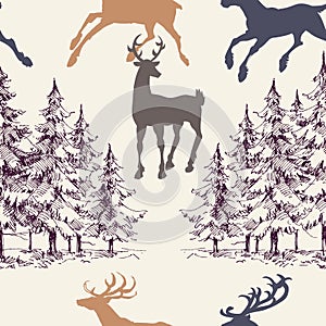 Pine trees forest and deers seamless pattern