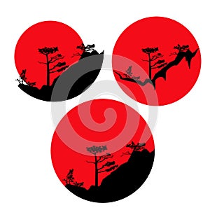 Pine trees and japanese red sun vector silhouette landscape design set