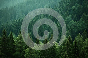 Pine trees in the misty forest in the Carpathian mountains