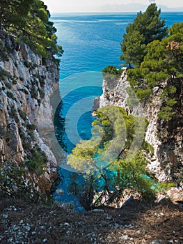 Pine trees on a rock over crystal clear turquoise water near Cape Amarandos at Skopelos island