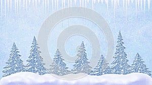 Pine trees at snowfall, snowflakes falling and icicles, frosty landscape, winter snow scene with forest