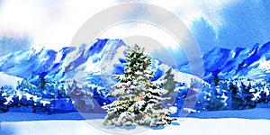 Pine trees tree in the snow on winter background with snowy fir trees and mountains, hand drawn watercolor illustration