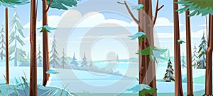 Pine Trees. Trunks of fir and Spruce. Snow frosty landscape. Beautiful Forest Panorama. Illustration in cartoon style