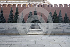 Pine trees and visitors grandstands at the Moscow Kremlin wall, Russia.