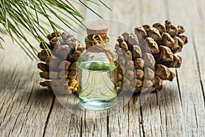 Pine turpentine essential oil in glass bottle photo