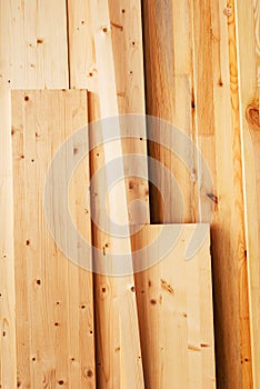 Pine wood floorboard planks in workshop
