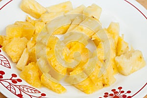 Pineapple - Ananas Comosus; Plate With Tasty Chopped Pineapple