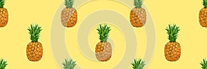 Pineapple, summer ananas seamless pattern on yellow background