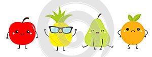 Pineapple apple pear orange fruit icon set line. Cute cartoon kawaii smiling funny baby character. Happy, sad, angry, smiling