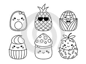 Pineapple, avocado, corn, cupcake, amanita. Coloring page. Squishmallow. Black and white. Vector