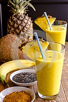 Pineapple, Banana, Coconut, Turmeric and Chia Seed Smoothies