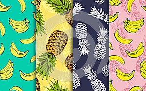 Pineapple and banana decorative seamless patterns set, vector collection of food fruits background