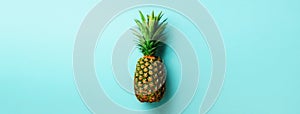 Pineapple on blue background. Top View. Copy Space. Pattern for minimal style. Pop art design, creative concept. Banner