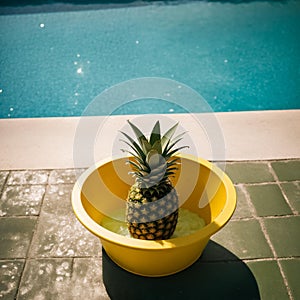 Pineapple in a bucket by the pool. Generative AI