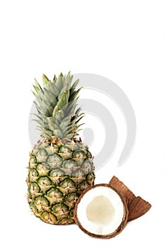 Pineapple with coconut isolated on white background. Tropical fruit