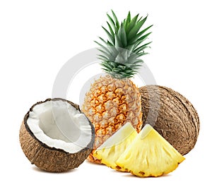 Pineapple coconut pieces composition 3 isolated on white background