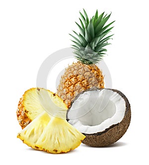 Pineapple coconut pieces composition 4 isolated on white background