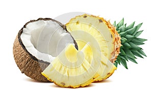 Pineapple coconut pieces composition 2 isolated on white background photo