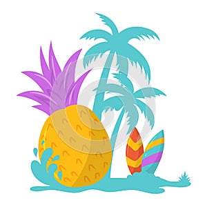 Pineapple with coconut trees, surf board and water splash