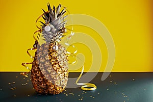 Pineapple decorated with serpentine and balls, holidays christmas and new year concept