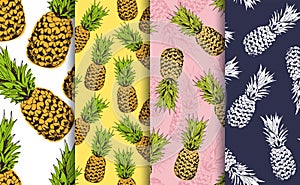 Pineapple decorative seamless patterns set, vector collection of food fruits background