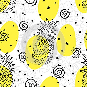 Pineapple doodles summer seamless pattern