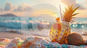 Pineapple Drink on Beach by the Ocean
