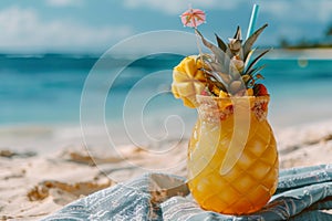 Pineapple Drink on Beach Towel
