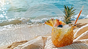 Pineapple Drink on Beach Towel