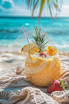 Pineapple Drink Served in Pineapple Cup on Beach
