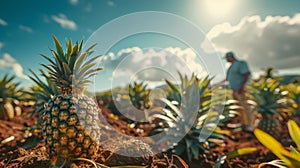 Pineapple in a field with farmer in background
