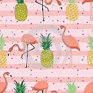 Pineapple and flamingo on pink stripes and stars seamless pattern