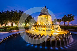 The Pineapple Fountain at night, at the Waterfront Park in Charleston, South Carolina