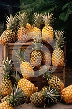 Pineapple fresh healthy tropical closeup background yellow food nature sweet green fruit