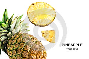 Pineapple with fresh slice and leaf isolated on white background with copy space, Top view, Flat lay,  fruit food in Asia