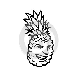 Pineapple Fruit or Ananas Comosus Happy Smiling Grinning Mascot Black and White