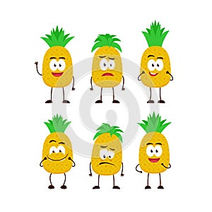 Pineapple fruit character cartoon mascot pose set humanized funny expression stye
