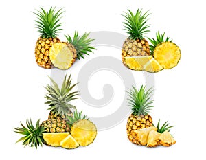 Pineapple fruit. Collection organic pineapple isolated on white background. Pineapple with clipping path. Full depth of field.