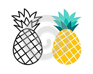 Pineapple fruit flat and outline design. Summer tropical fruits for healthy lifestyle