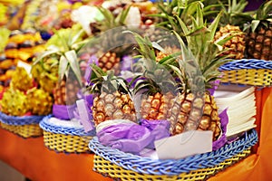 Pineapple, fruit and fresh produce at farmer market, vitamins and healthy food for groceries. Retail, sales and