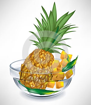 Pineapple fruit and slices in bowl