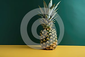 Pineapple fruit on a yellow and green background with copy space. Generative AI