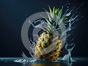 pineapple fruits splashing into water brigh. ai generative