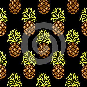 Pineapple green and brown dark seamless vector pattern.